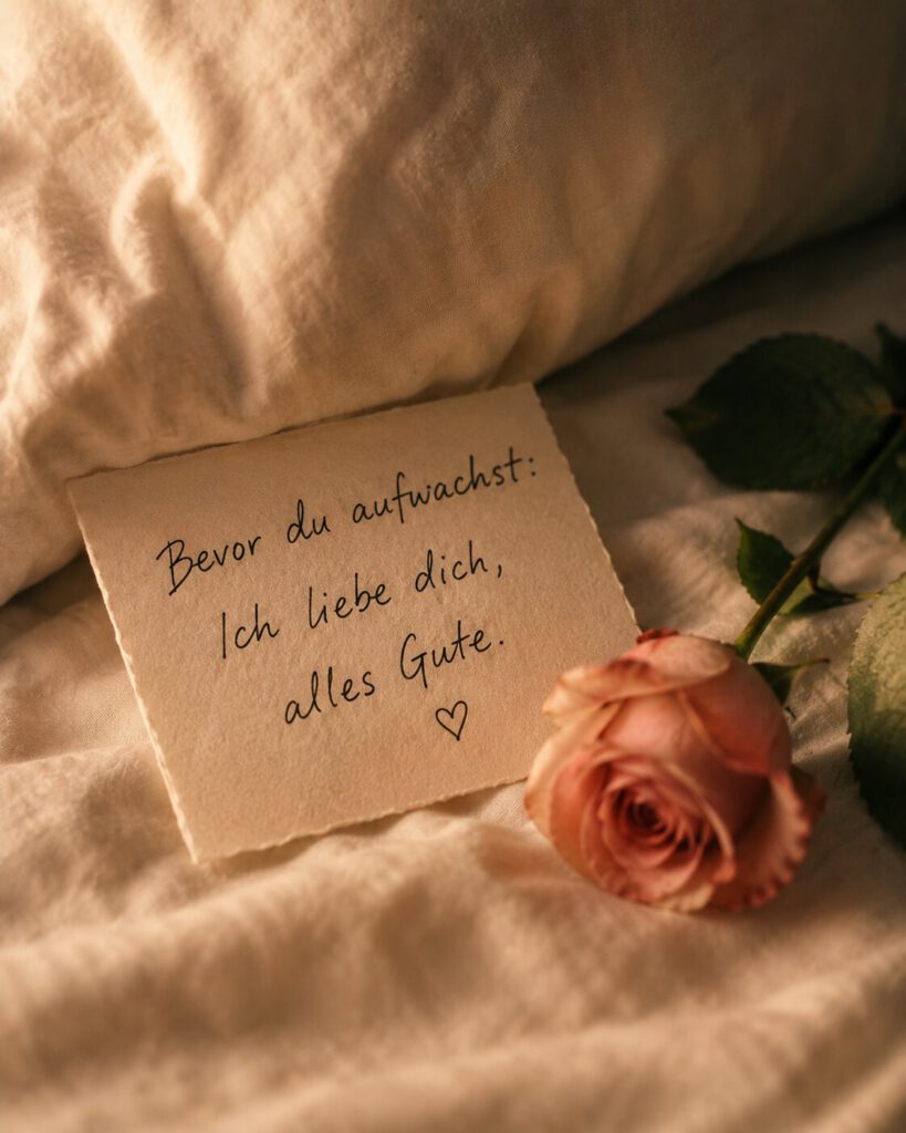 Handgeschriebene Karte auf hellem Bettlaken neben einer rosa Rose mit dem Spruch „Bevor du aufwachst: Ich liebe dich, alles Gute.“.
