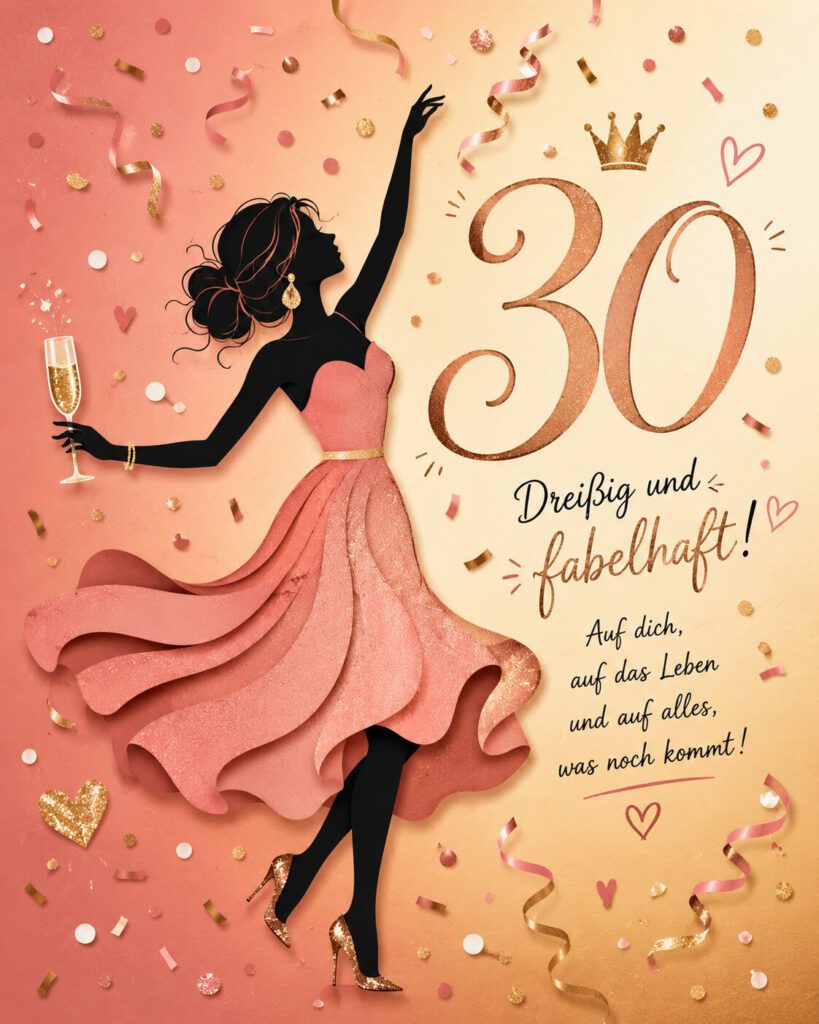 Illustrierte Silhouette einer tanzenden Frau im rosa Kleid mit Sektglas, dazu goldene Zahl 30 mit Krone und der Spruch „Dreißig und fabelhaft! Auf dich, auf das Leben und auf alles, was noch kommt!“.