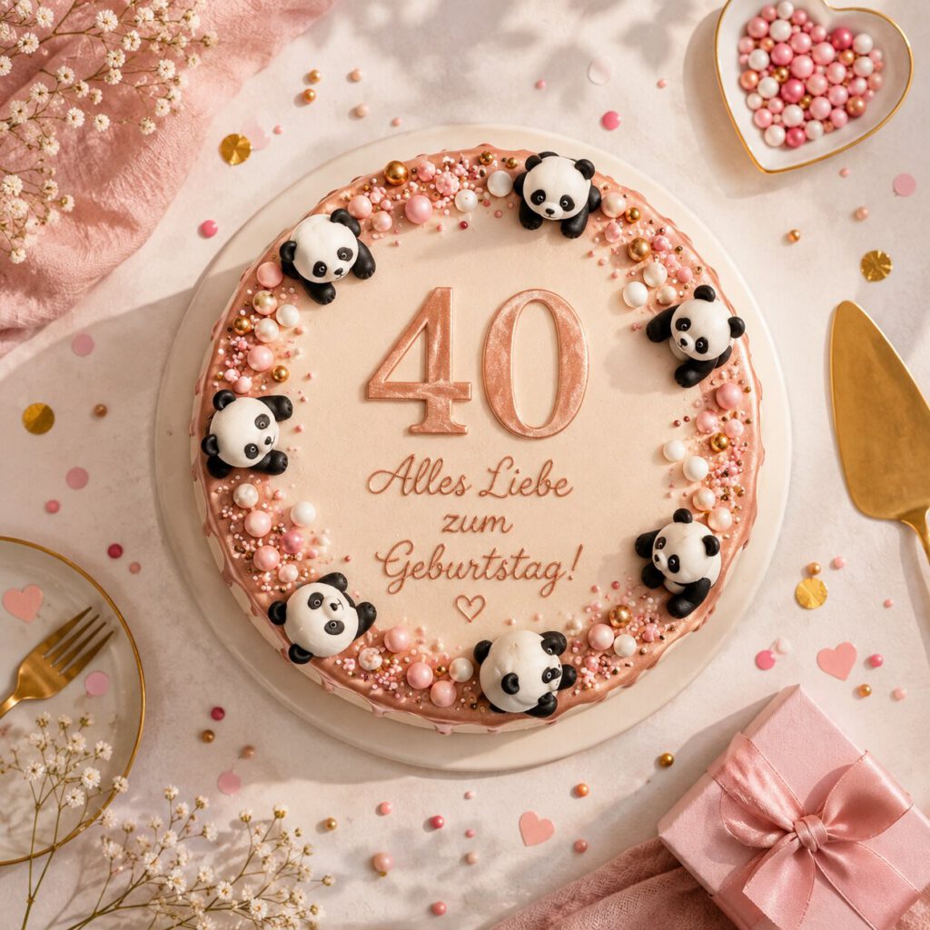 Elegante Torte in Rosé und Gold, verziert mit kleinen Panda-Figuren rund um die Zahl 40 und dem Schriftzug „Alles Liebe zum Geburtstag!“.