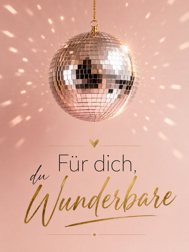 Roségoldene Discokugel vor rosa Hintergrund, mit dem Schriftzug „Für dich, du Wunderbare.“.