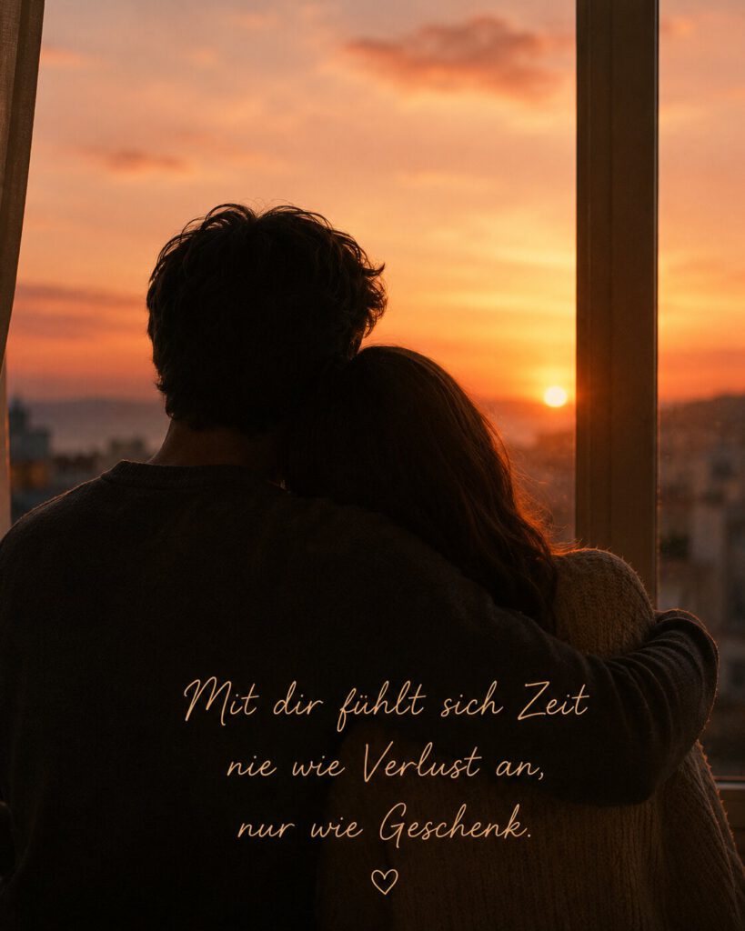 Umarmendes Paar blickt aus dem Fenster auf einen Sonnenuntergang über der Stadt, mit dem Text „Mit dir fühlt sich Zeit nie wie Verlust an, nur wie Geschenk.“.