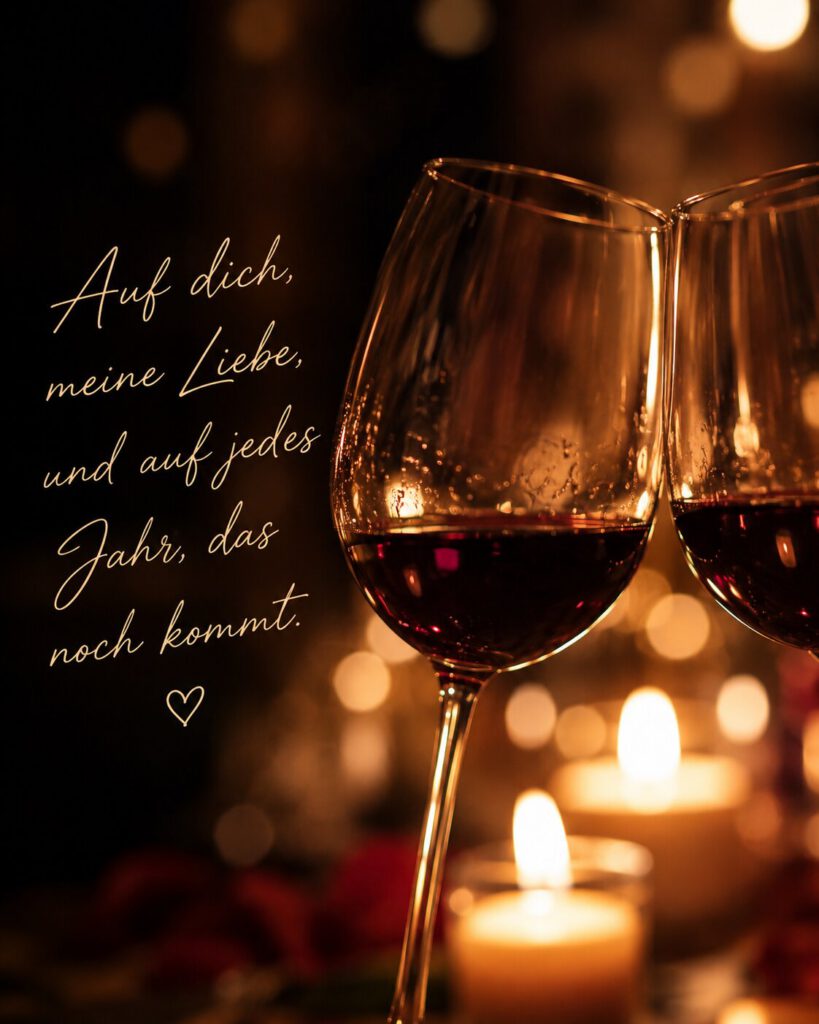 Zwei Gläser Rotwein stoßen bei Kerzenschein an, mit dem Spruch „Auf dich, meine Liebe, und auf jedes Jahr, das noch kommt.“.