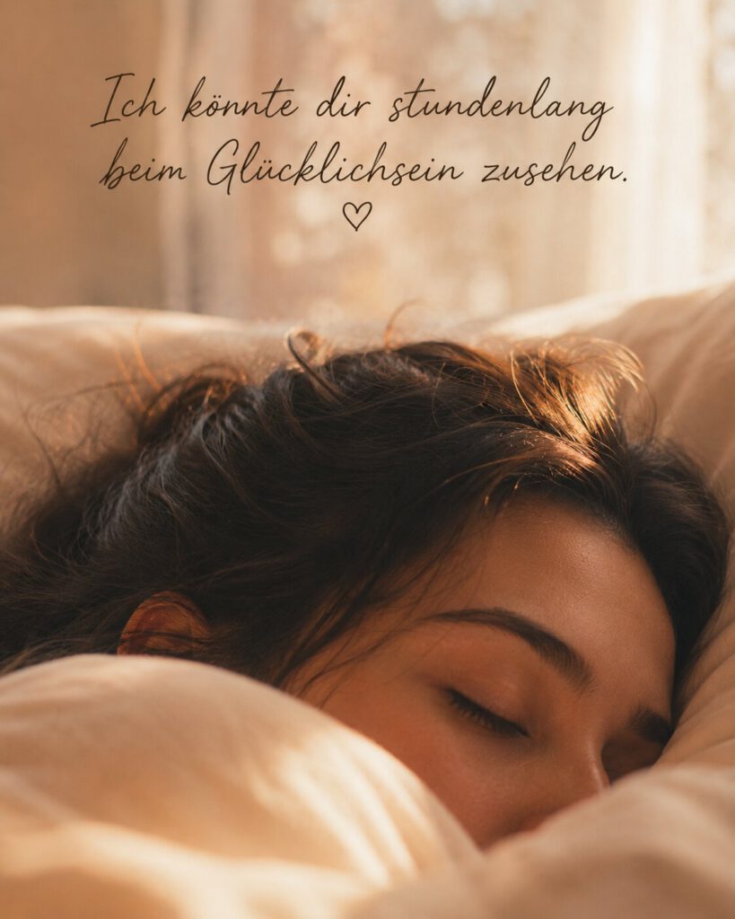 Frau schläft friedlich im morgendlichen Licht im Bett, mit dem Spruch „Ich könnte dir stundenlang beim Glücklichsein zusehen.“.