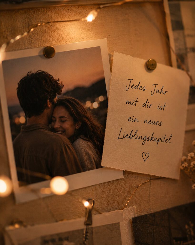 Polaroid eines sich umarmenden Paares neben einer angehefteten Notiz „Jedes Jahr mit dir ist ein neues Lieblingskapitel.“, umgeben von Lichterketten.