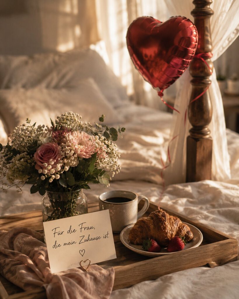 Frühstück ans Bett auf einem Holztablett mit Blumen, Kaffee, Croissant und rotem Herzballon, dazu eine Karte „Für die Frau, die mein Zuhause ist.“.