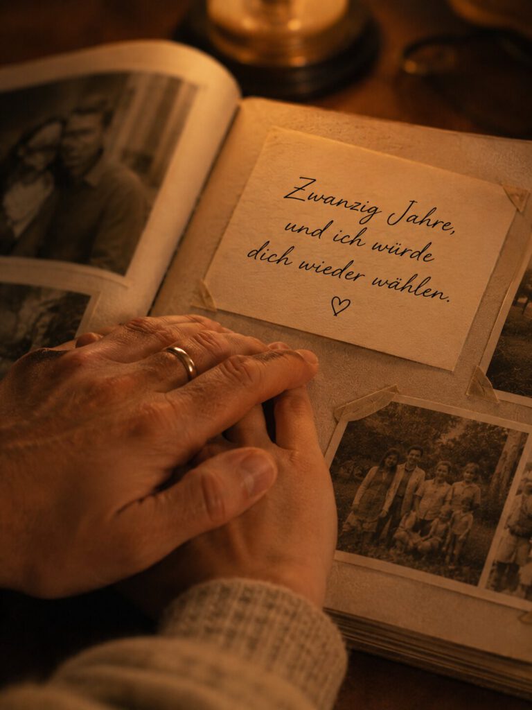 Hände mit Ehering auf einem alten Fotoalbum, dazu eine Karte „Zwanzig Jahre, und ich würde dich wieder wählen.“.