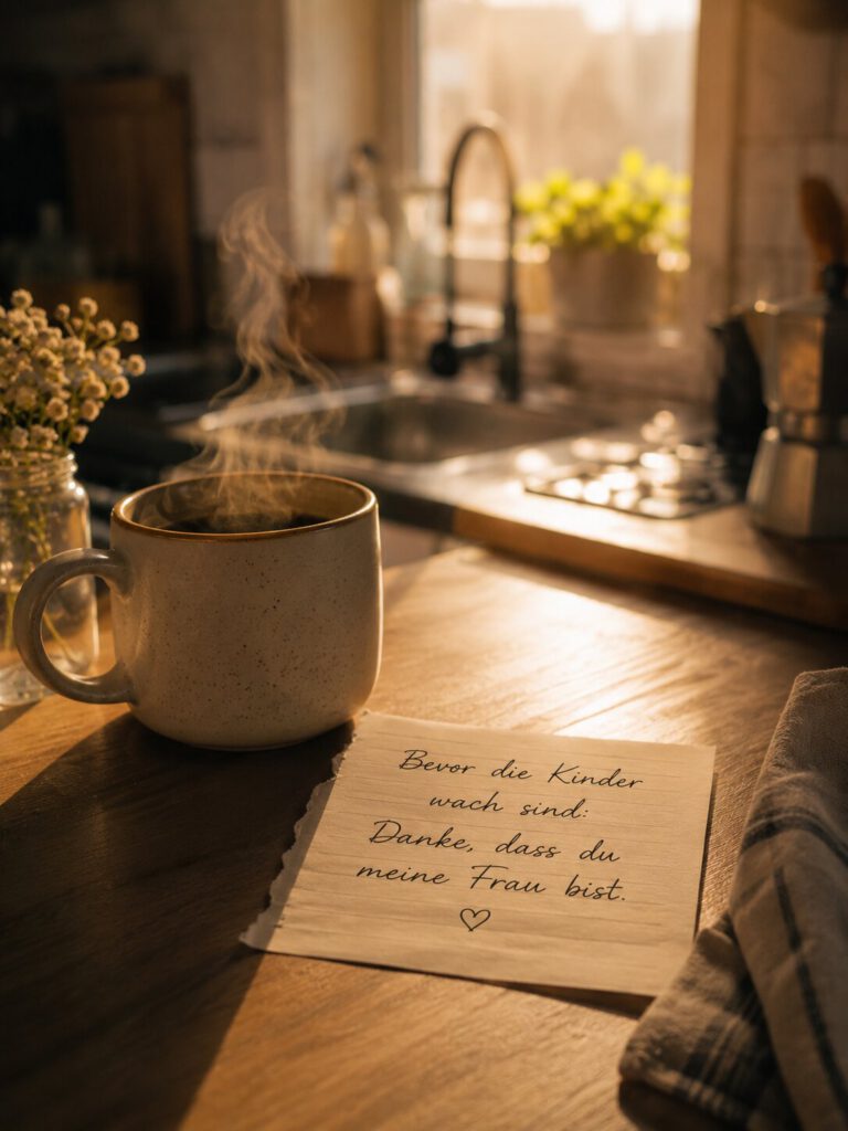 Dampfende Kaffeetasse in einer sonnigen Küche neben einer Notiz „Bevor die Kinder wach sind: Danke, dass du meine Frau bist.“.