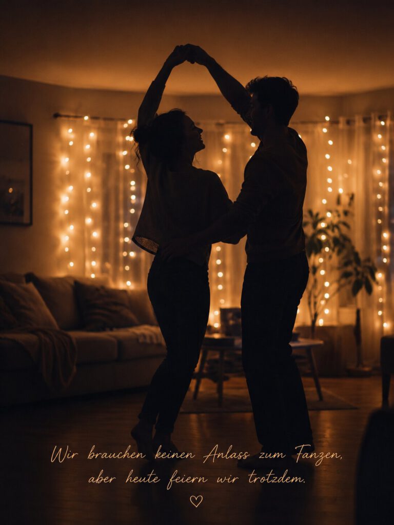 Silhouette eines tanzenden Paares im Wohnzimmer vor Lichterketten, mit dem Text „Wir brauchen keinen Anlass zum Tanzen, aber heute feiern wir trotzdem.“.