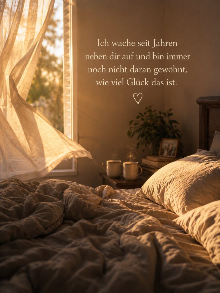 Sonnendurchflutetes gemütliches Bett mit Leinenbettwäsche am Fenster, dazu der Spruch „Ich wache seit Jahren neben dir auf und bin immer noch nicht daran gewöhnt, wie viel Glück das ist.“.