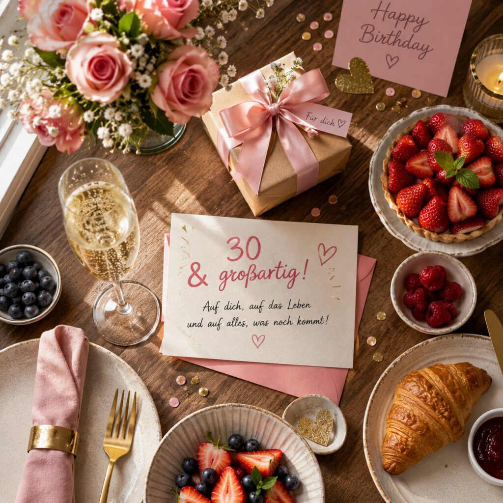 Festlich gedeckter Frühstückstisch mit Rosen, Geschenk und einer Karte mit der Aufschrift „30 & großartig! Auf dich, auf das Leben und auf alles, was noch kommt!“.