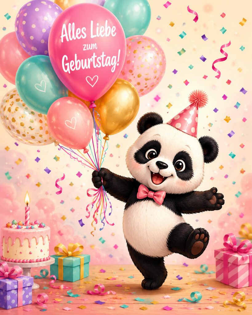 Fröhlicher gezeichneter Panda mit Partyhut und Fliege tanzt mit Luftballons, dazu ein rosa Ballon mit dem Spruch „Alles Liebe zum Geburtstag!“, Torte und Geschenke.