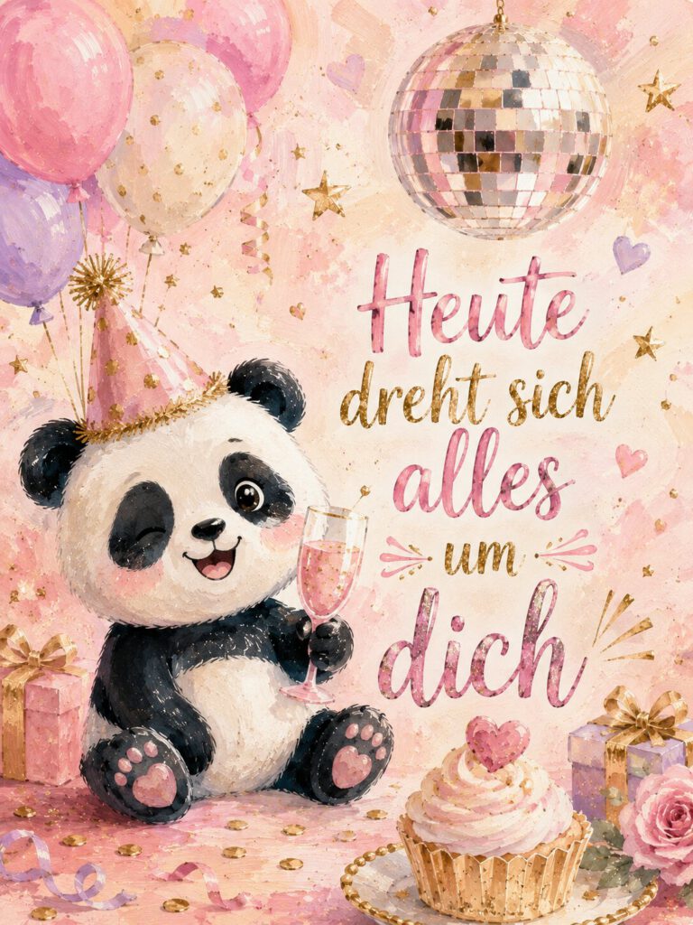 Aquarell-Panda mit Partyhut und Sektglas neben einer Discokugel, mit dem Schriftzug „Heute dreht sich alles um dich.“.