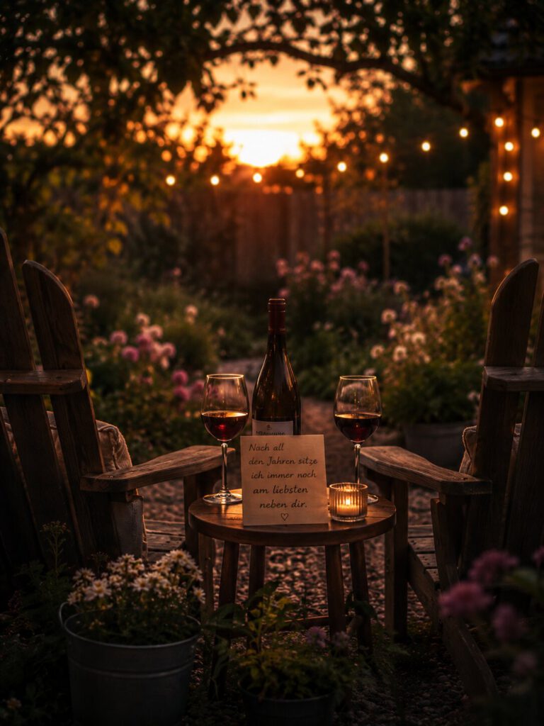 Zwei Stühle mit Rotwein in einem Garten bei Sonnenuntergang mit Lichterketten, dazu eine Karte „Nach all den Jahren sitze ich immer noch am liebsten neben dir.“.