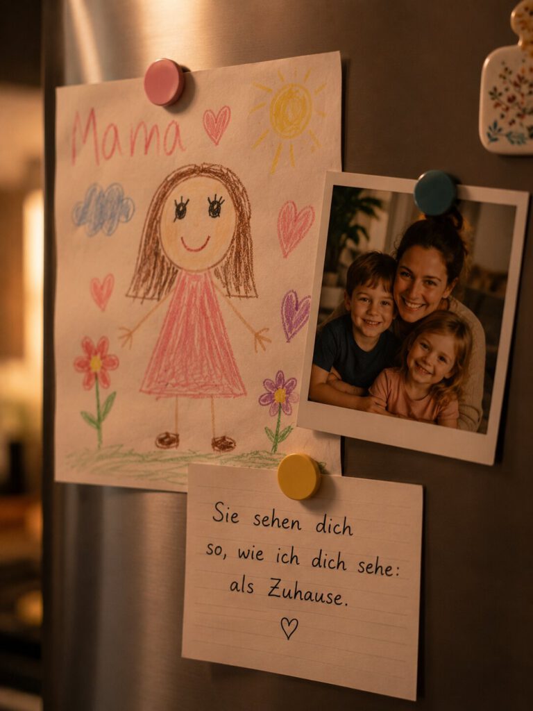 Kühlschrank mit einer Kinderzeichnung „Mama“, einem Familienfoto und einer Notiz „Sie sehen dich so, wie ich dich sehe: als Zuhause.“.