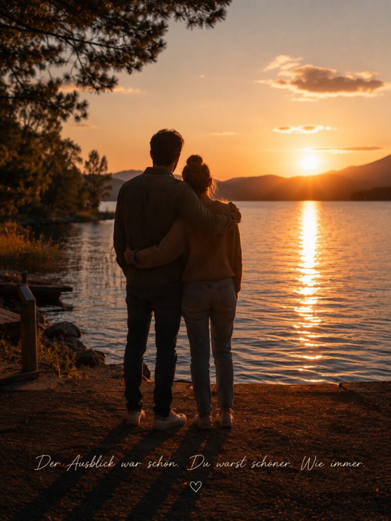Umarmendes Paar blickt auf den Sonnenuntergang über einem See, mit dem Spruch „Der Ausblick war schön. Du warst schöner. Wie immer.“.