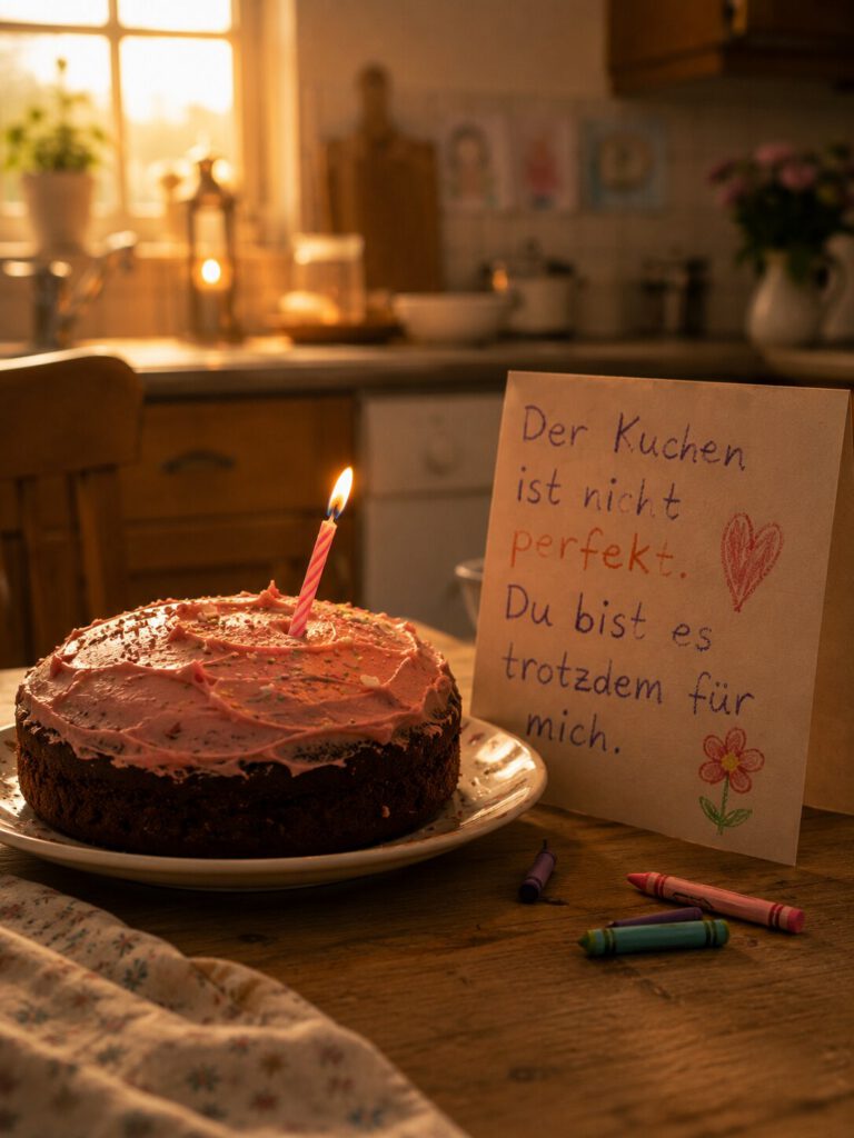 Selbstgebackener Schokoladenkuchen mit rosa Guss und Kerze in gemütlicher Küche, dazu eine handgeschriebene Karte „Der Kuchen ist nicht perfekt. Du bist es trotzdem für mich.“.