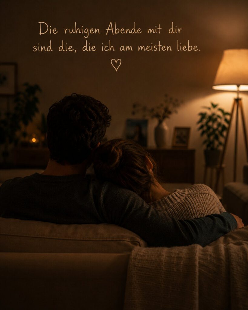 Paar kuschelt im warmen Lampenlicht auf dem Sofa, mit dem Spruch „Die ruhigen Abende mit dir sind die, die ich am meisten liebe.“.