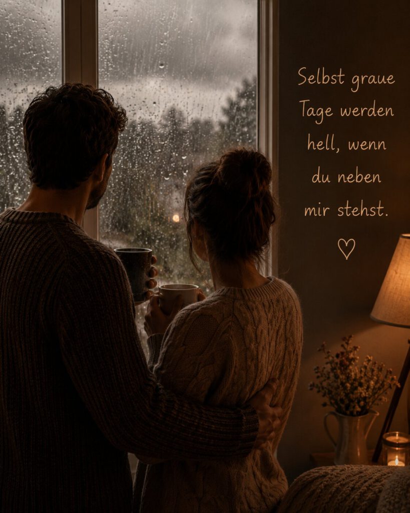 Paar von hinten blickt mit Tassen aus einem regennassen Fenster, dazu der Spruch „Selbst graue Tage werden hell, wenn du neben mir stehst.“.