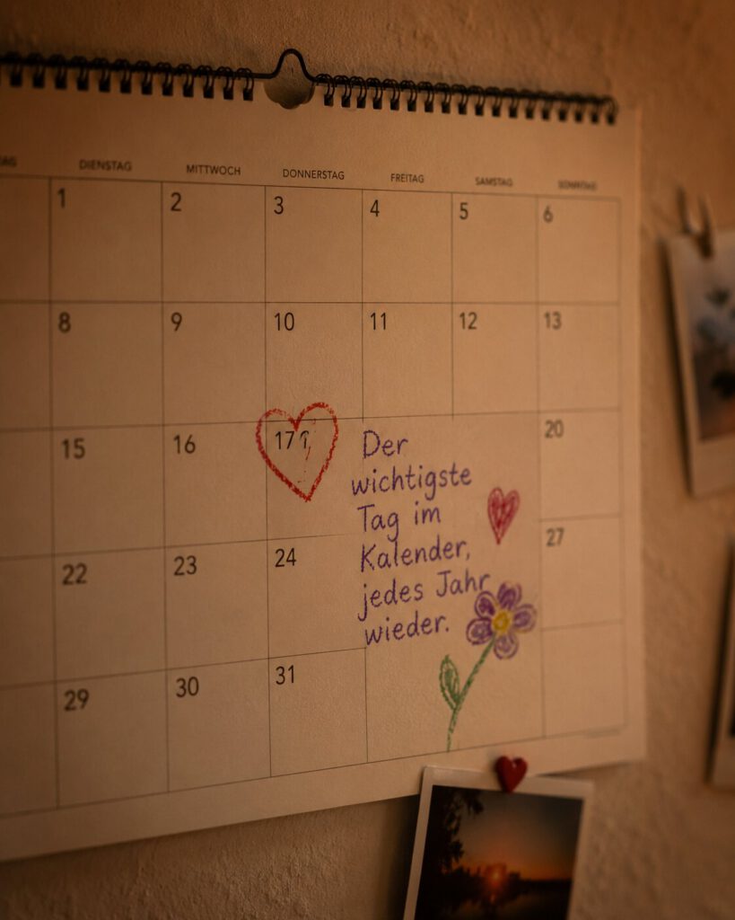 Wandkalender mit einem rot umkreisten Datum und der handgeschriebenen Notiz „Der wichtigste Tag im Kalender, jedes Jahr wieder.“.