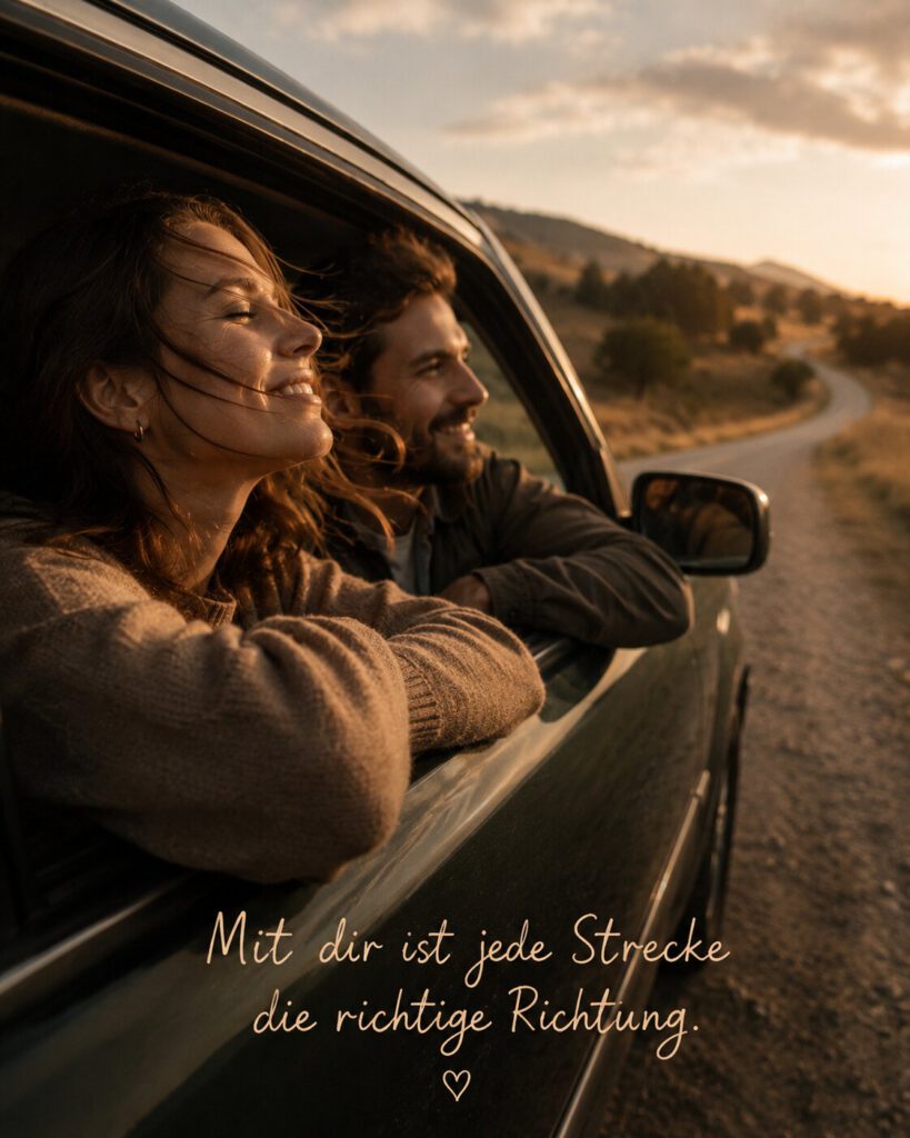 Paar lehnt sich bei Sonnenuntergang aus dem Autofenster auf einer Landstraße, mit dem Spruch „Mit dir ist jede Strecke die richtige Richtung.“.