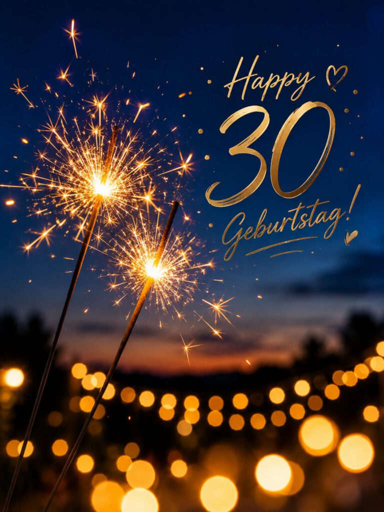 Funkelnde Wunderkerzen in der Abenddämmerung vor Lichterketten mit dem goldenen Schriftzug „Happy 30 Geburtstag!“.