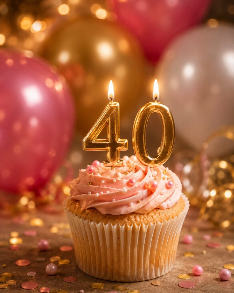 Cupcake mit rosa Buttercreme und goldenen Kerzen in Zahlenform 40 vor unscharfem Hintergrund aus rosa und goldenen Luftballons.