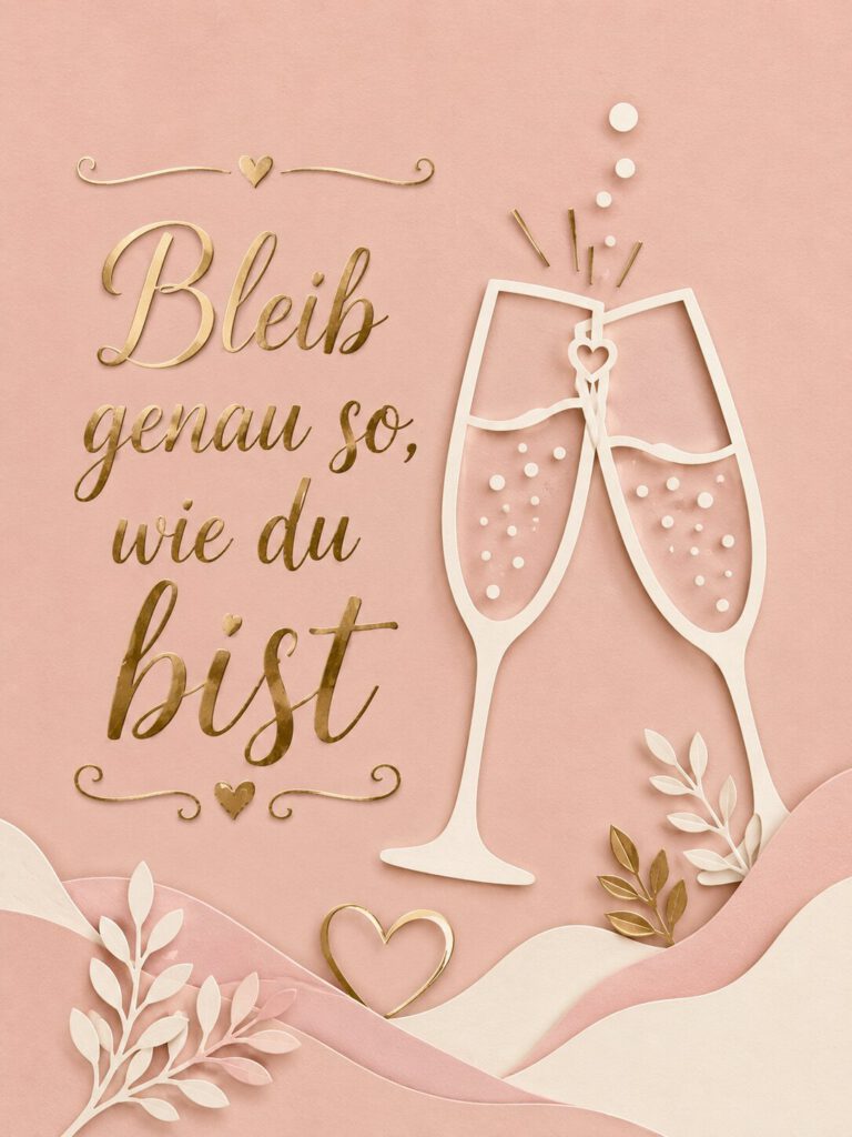 Zwei anstoßende Sektgläser im Papercut-Stil auf rosa Hintergrund, mit dem goldenen Schriftzug „Bleib genau so, wie du bist.“.