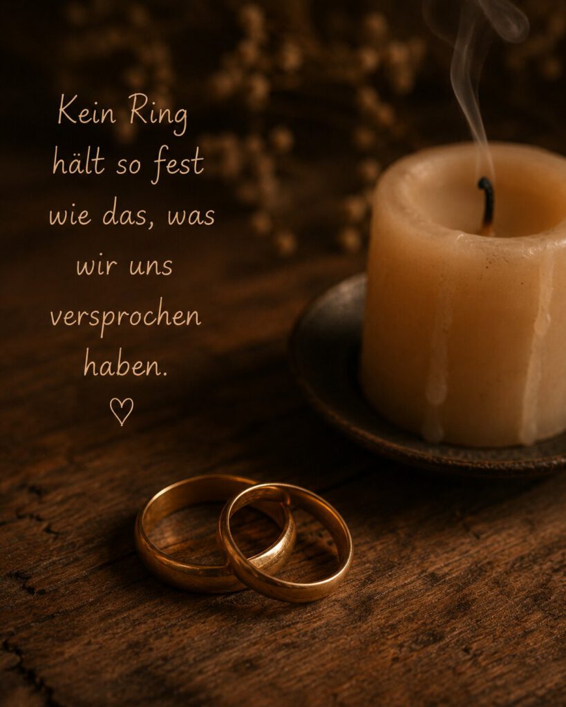 Zwei goldene Eheringe neben einer gerade erloschenen Kerze auf Holz, mit dem Spruch „Kein Ring hält so fest wie das, was wir uns versprochen haben.“.