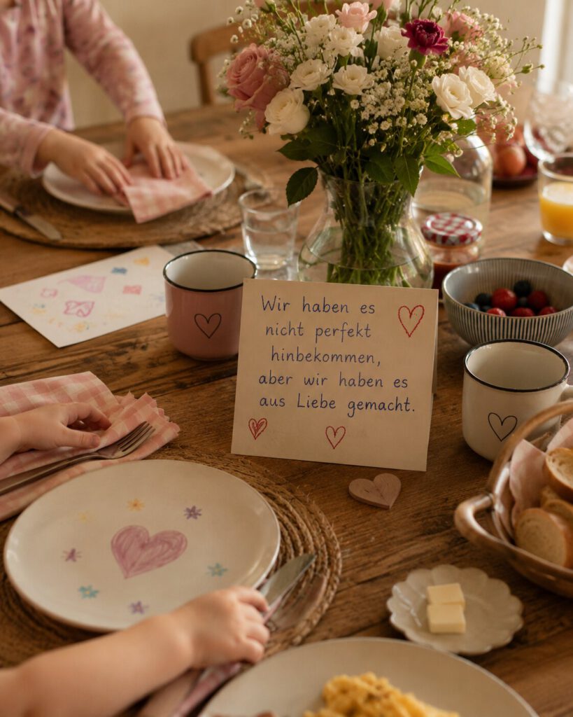 Gedeckter Frühstückstisch mit Blumenstrauß und handgeschriebener Karte „Wir haben es nicht perfekt hinbekommen, aber wir haben es aus Liebe gemacht.“.