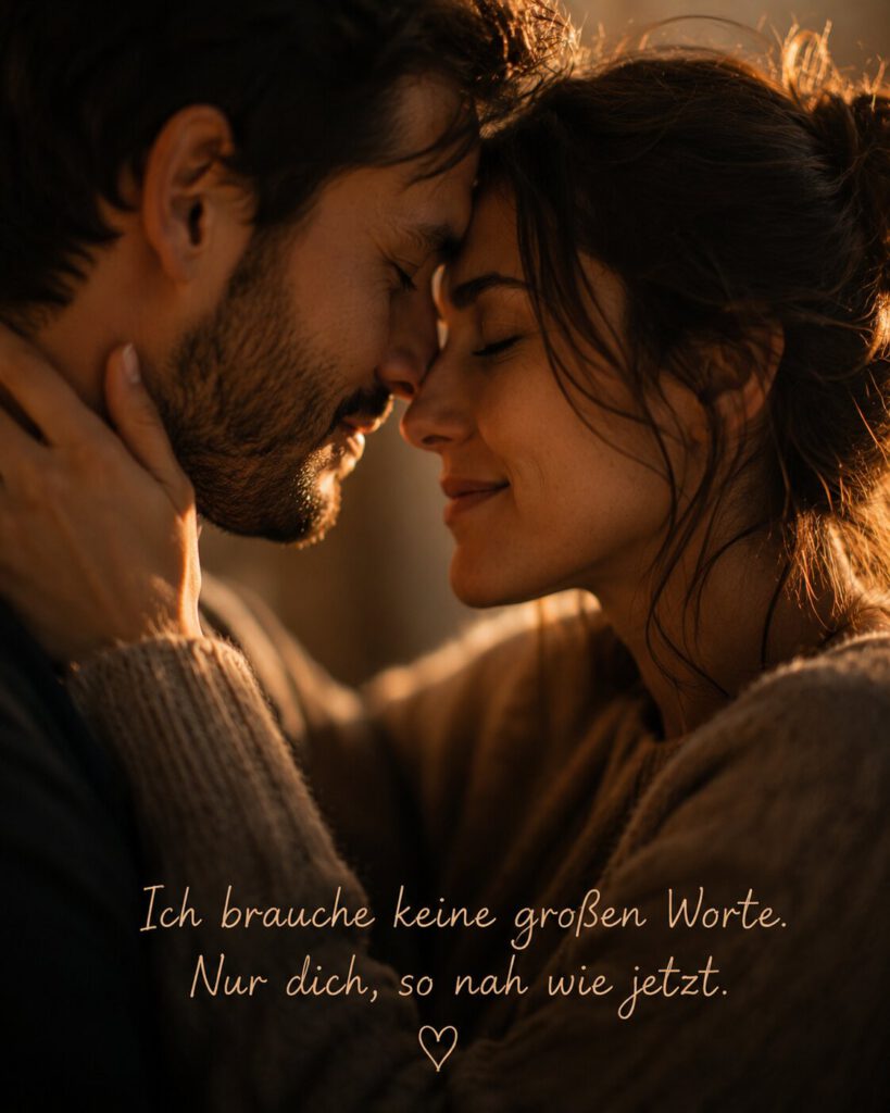 Verliebtes Paar Stirn an Stirn in warmem Licht mit dem Spruch „Ich brauche keine großen Worte. Nur dich, so nah wie jetzt.“.