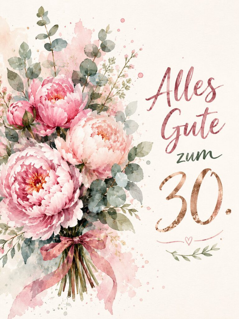Aquarell-Illustration eines rosa Pfingstrosenstraußes mit dem Schriftzug „Alles Gute zum 30.“.