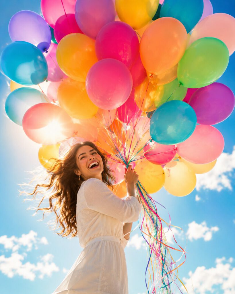 Lachende junge Frau im weißen Kleid hält ein großes Bündel bunter Luftballons vor strahlend blauem Himmel.