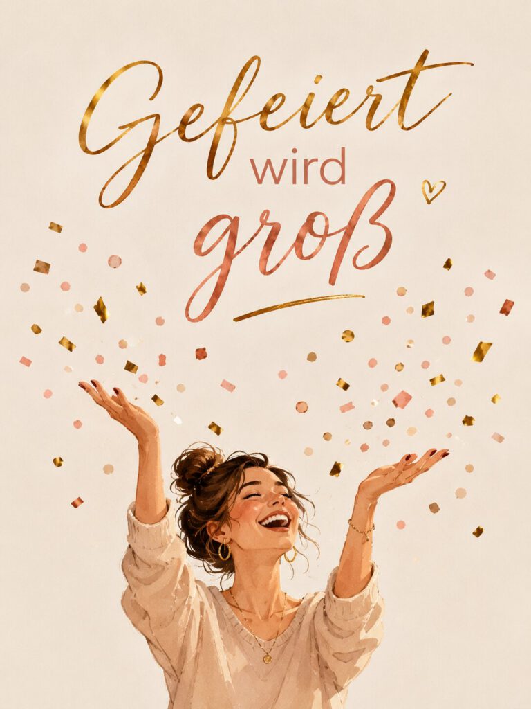 Illustration einer fröhlichen Frau, die Konfetti in die Luft wirft, mit dem Schriftzug „Gefeiert wird groß.“.