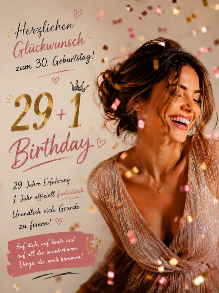 Lachende Frau im glitzernden Kleid im Konfettiregen, daneben der Text „Herzlichen Glückwunsch zum 30. Geburtstag! 29+1 Birthday, 29 Jahre Erfahrung, 1 Jahr offiziell fantastisch. Unendlich viele Gründe zu feiern!“.