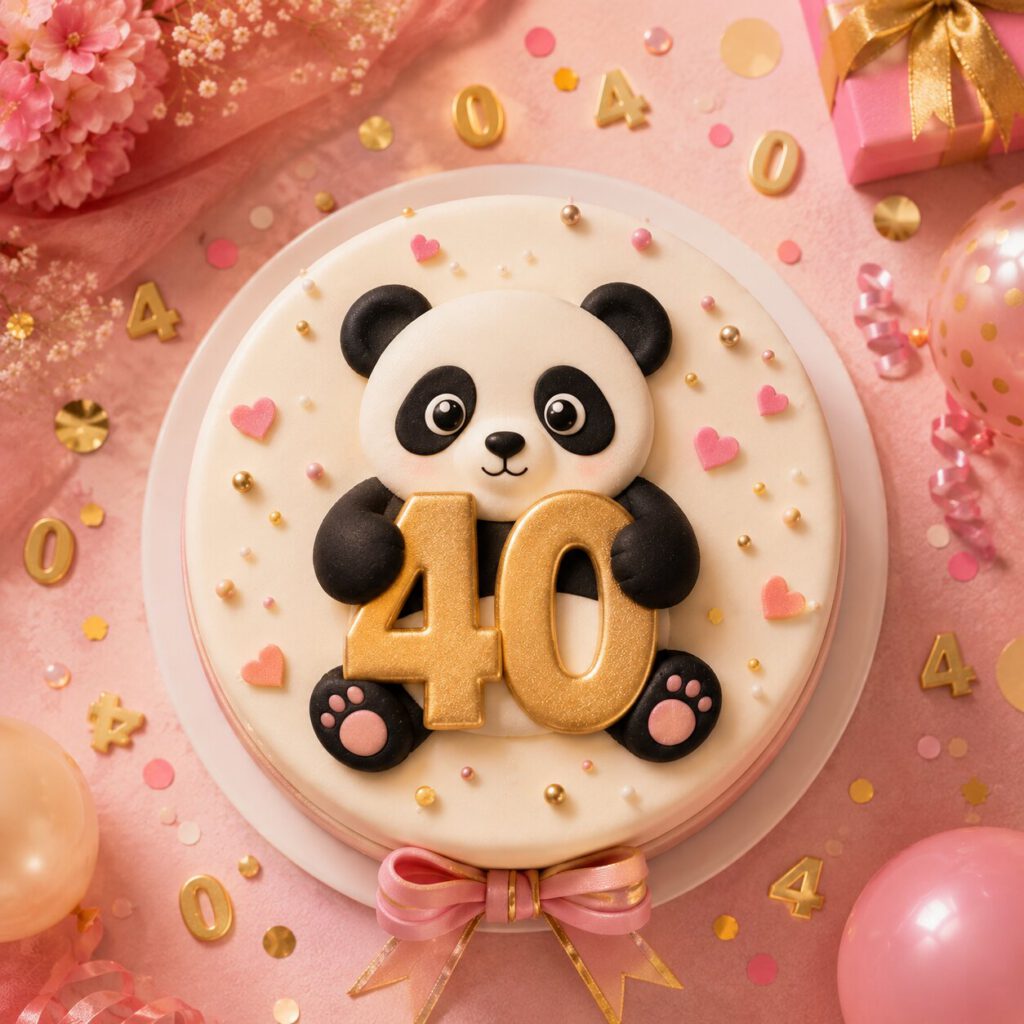 Rosa Geburtstagstorte mit niedlichem Panda und goldener Zahl 40 aus Fondant, verziert mit Herzen und umgeben von Luftballons und Geschenk.
