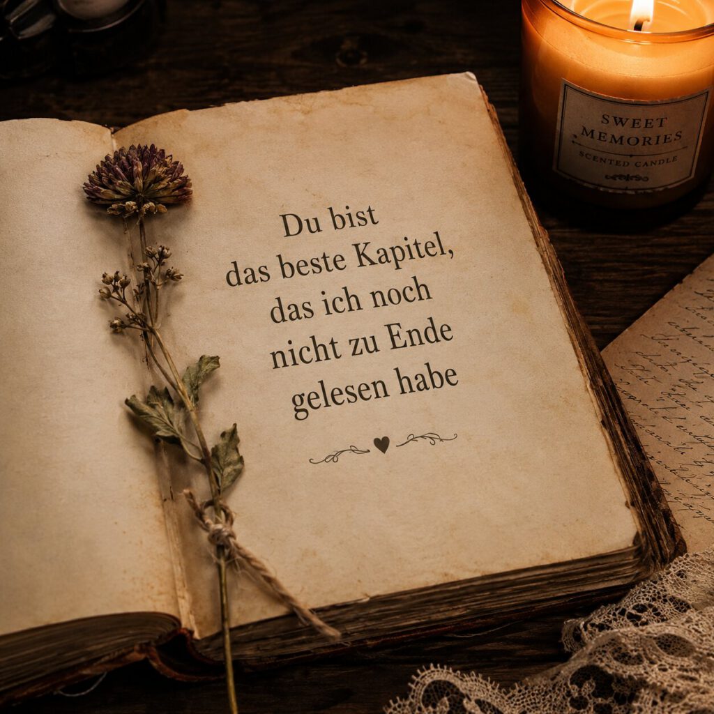 Aufgeschlagenes altes Buch mit Trockenblume, Zitat: Du bist das beste Kapitel, das ich noch nicht zu Ende gelesen habe
