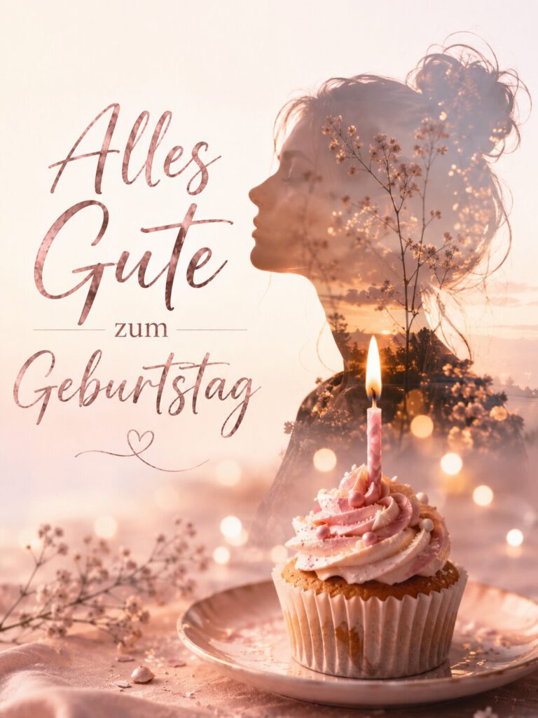 Doppelbelichtung aus dem Profil einer Frau und einem Cupcake mit brennender Kerze, mit dem Schriftzug „Alles Gute zum Geburtstag.“.