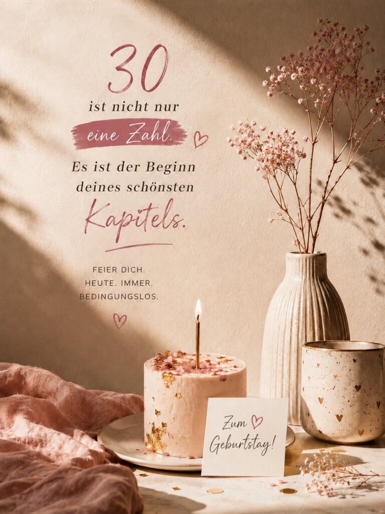 Kleine rosa Torte mit Kerze und Trockenblumen, dazu der Spruch „30 ist nicht nur eine Zahl. Es ist der Beginn deines schönsten Kapitels. Feier dich. Heute. Immer. Bedingungslos.“ und eine Karte „Zum Geburtstag!“.