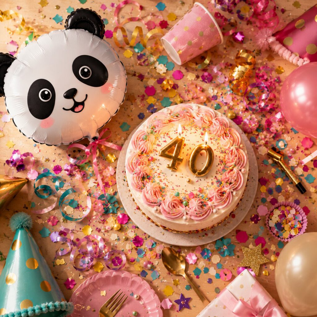 Von oben fotografierter Geburtstagstisch mit rosa Torte und goldenen Kerzen in Zahlenform 40, Panda-Folienballon, buntem Konfetti und Partyhüten.