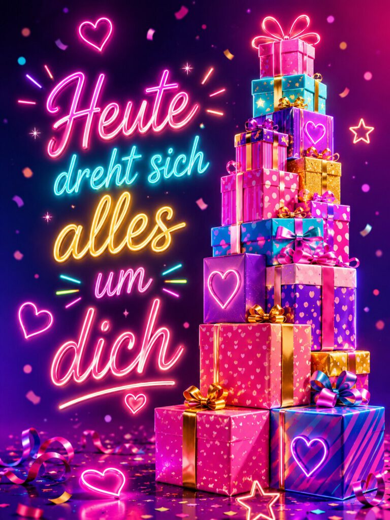 Bunt gestapelte Geschenke im Neon-Stil vor dunklem Hintergrund, mit dem leuchtenden Schriftzug „Heute dreht sich alles um dich.“.