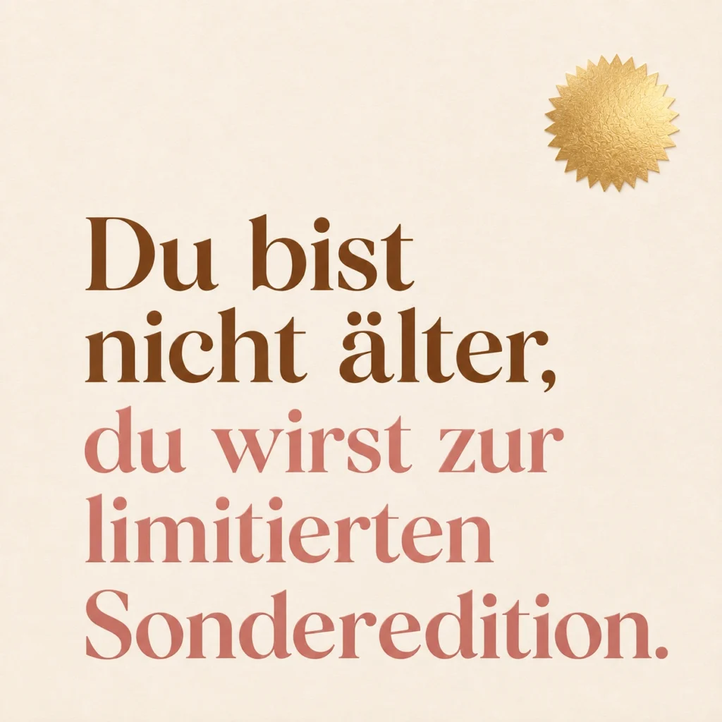 Lustiges Geburtstagsbild für Frauen: cremefarbene Karte mit goldenem Siegel, mit dem Spruch „Du bist nicht älter, du wirst zur limitierten Sonderedition."