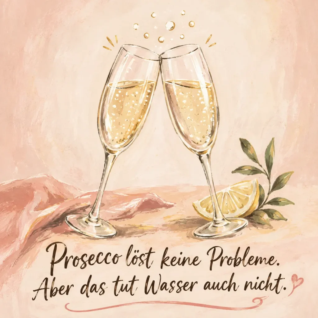 Lustiges Geburtstagsbild für Frauen: zwei anstoßende Proseccogläser, mit dem Spruch „Prosecco löst keine Probleme. Aber das tut Wasser auch nicht."