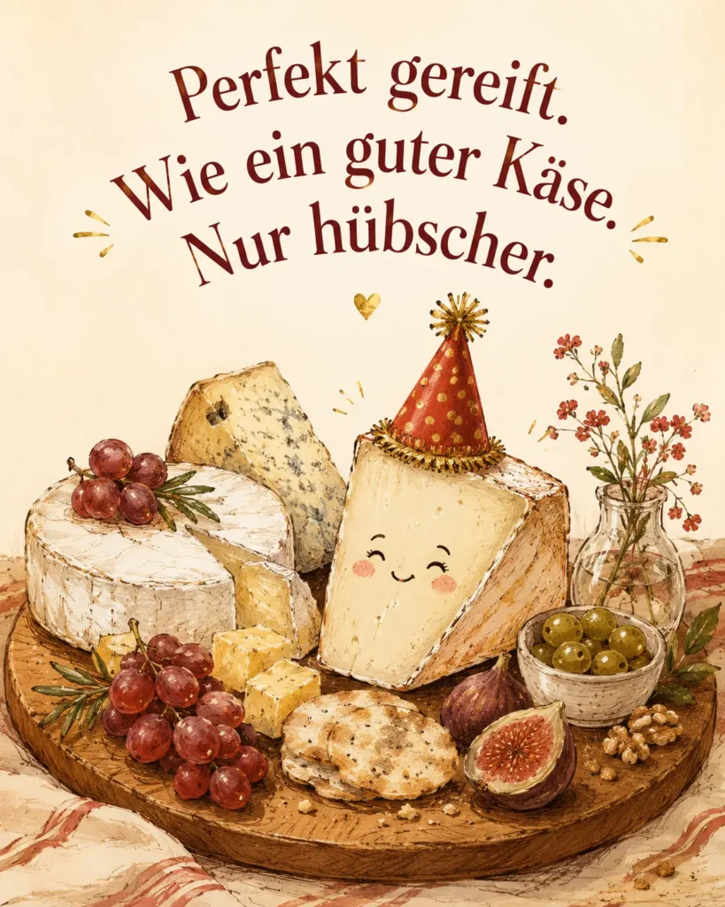 Lustiges Geburtstagsbild für Frauen: Käseplatte mit kleinem Partyhut, mit dem Spruch „Perfekt gereift. Wie ein guter Käse. Nur hübscher."
