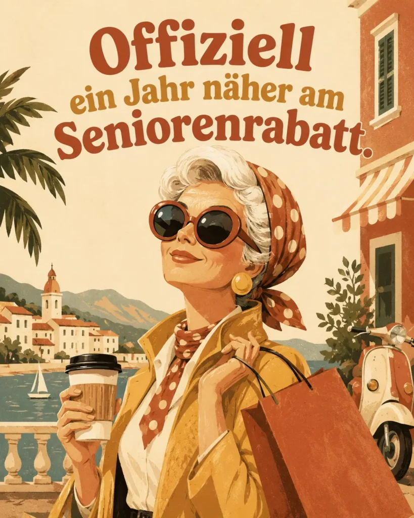 Lustiges Geburtstagsbild für Frauen: stilvolle Retro-Dame mit Sonnenbrille am Meer, mit dem Spruch „Offiziell ein Jahr näher am Seniorenrabatt."