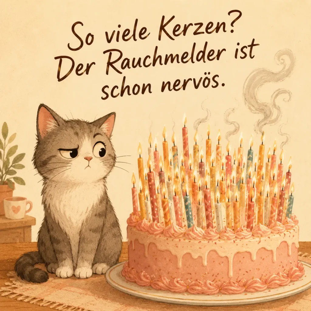Lustiges Geburtstagsbild für Frauen: skeptische Katze neben einer Torte voller Kerzen, mit dem Spruch „So viele Kerzen? Der Rauchmelder ist schon nervös."