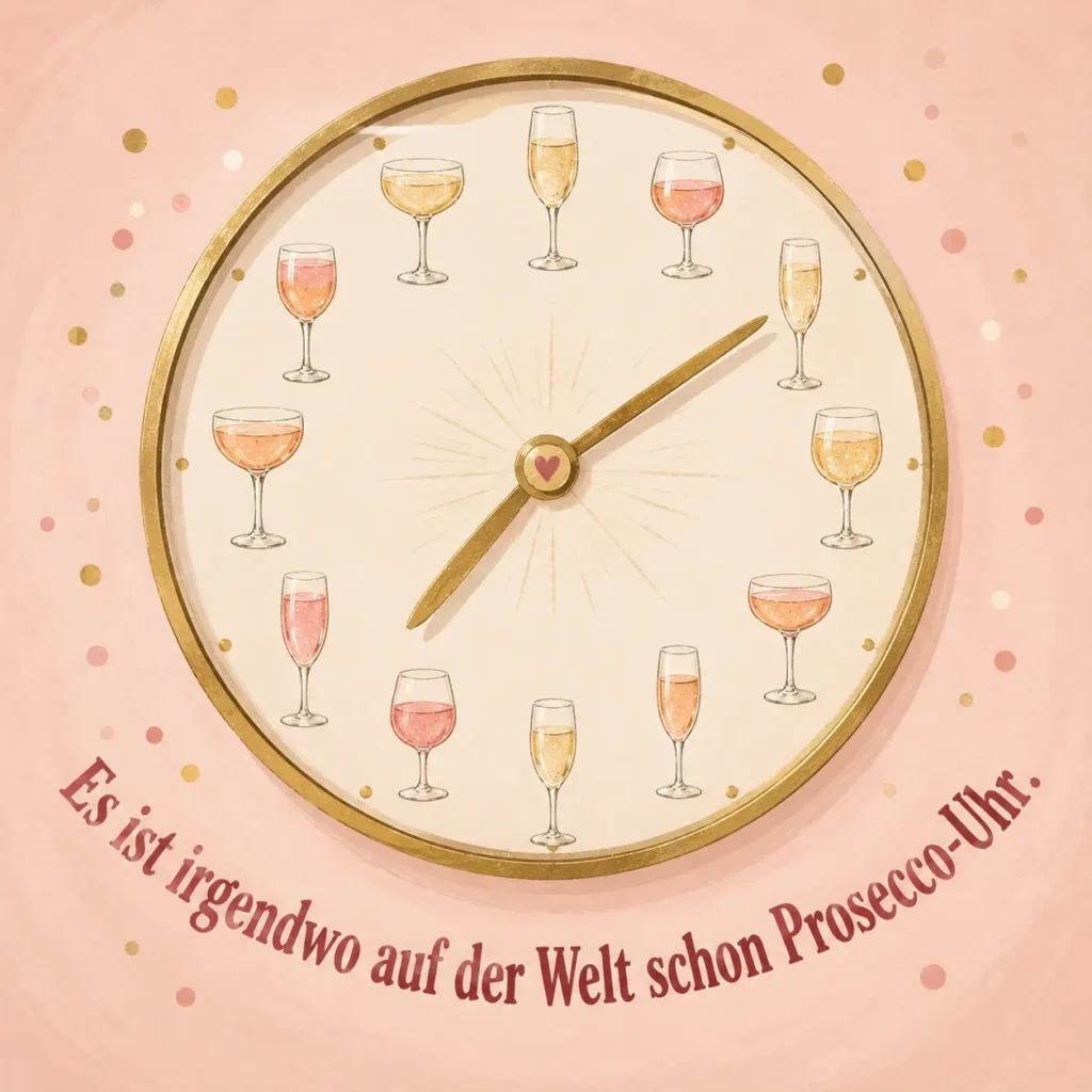 Lustiges Geburtstagsbild für Frauen: verspielte Uhr aus Sekt- und Weingläsern, mit dem Spruch „Es ist irgendwo auf der Welt schon Prosecco-Uhr."