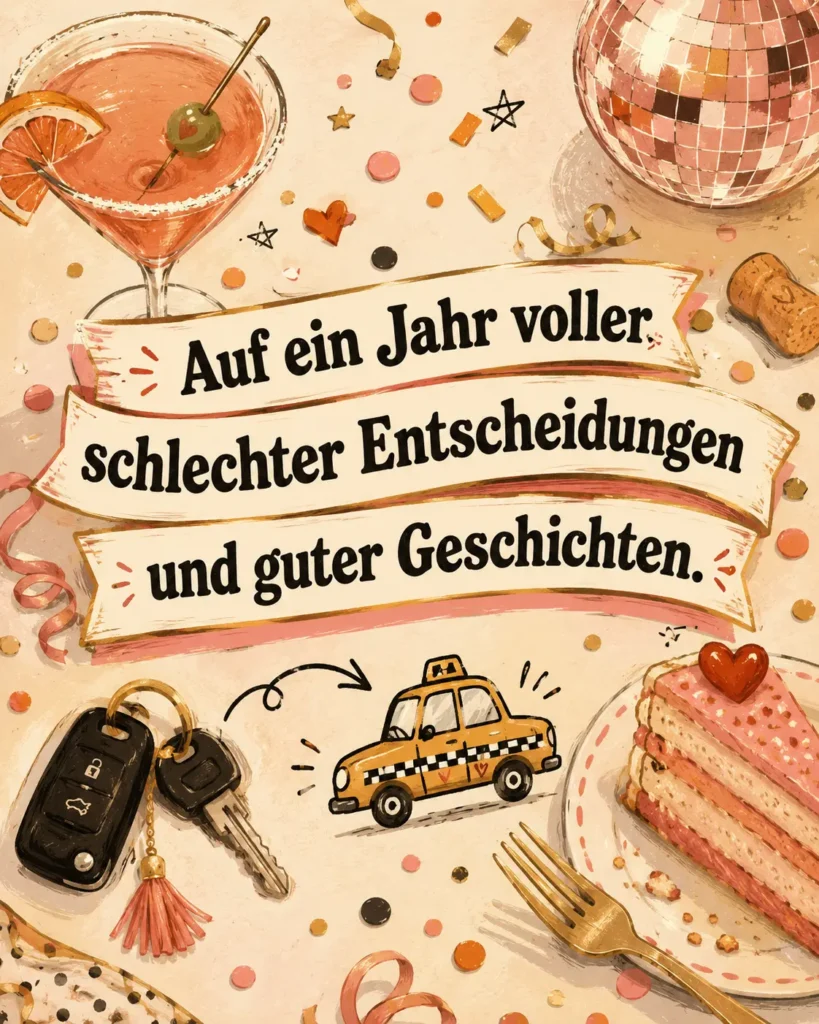Lustiges Geburtstagsbild für Frauen: Partystimmung mit Cocktail und Discokugel, mit dem Spruch „Auf ein Jahr voller schlechter Entscheidungen und guter Geschichten."