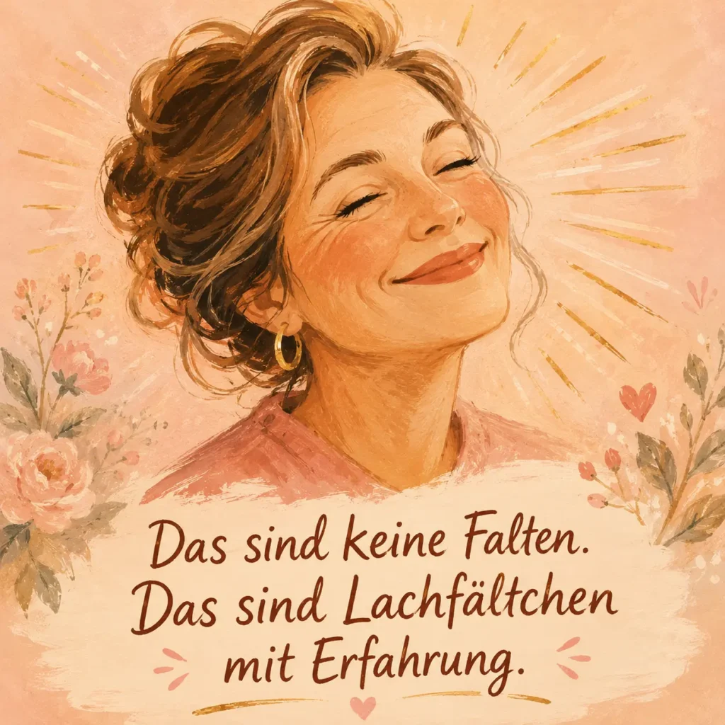 Lustiges Geburtstagsbild für Frauen: warmherzige Illustration einer strahlenden Frau, mit dem Spruch „Das sind keine Falten. Das sind Lachfältchen mit Erfahrung."