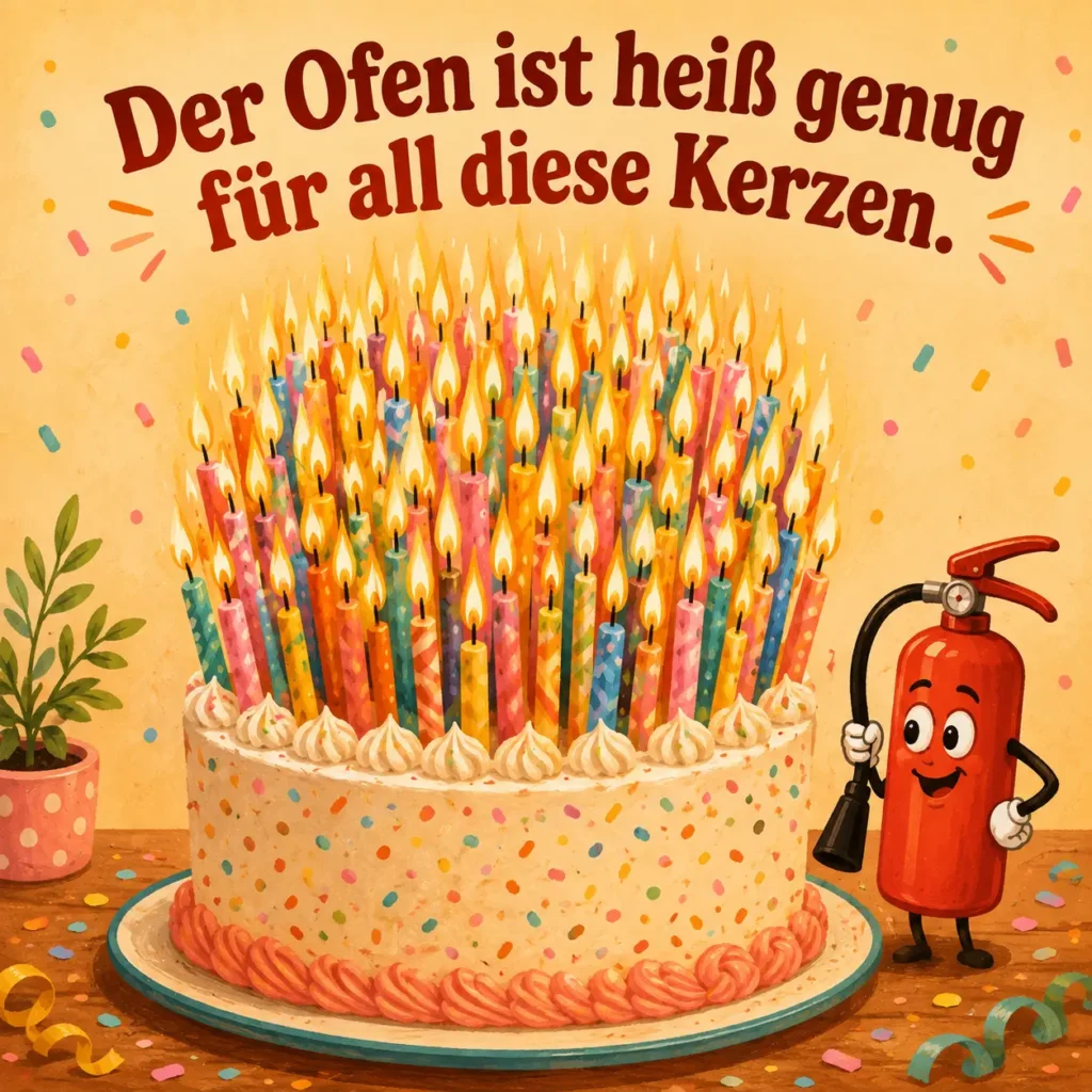 Lustiges Geburtstagsbild für Frauen: Torte mit unzähligen Kerzen und Feuerlöscher-Figur, mit dem Spruch „Der Ofen ist heiß genug für all diese Kerzen."