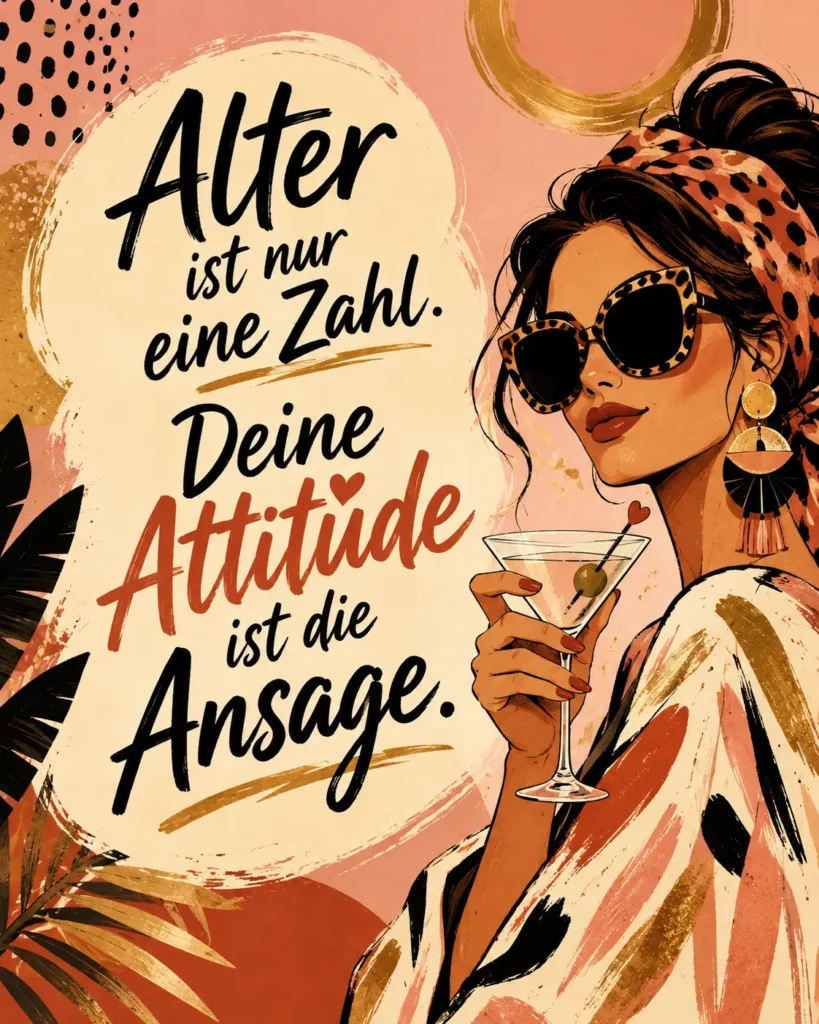 Lustiges Geburtstagsbild für Frauen: selbstbewusste Frau mit Martini im Boho-Stil, mit dem Spruch „Alter ist nur eine Zahl. Deine Attitüde ist die Ansage."